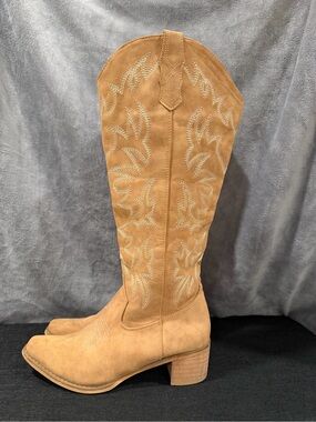 Women’s Tan Western Cowboy Boots Embroidered Knee High Block Heel Size 7.5
